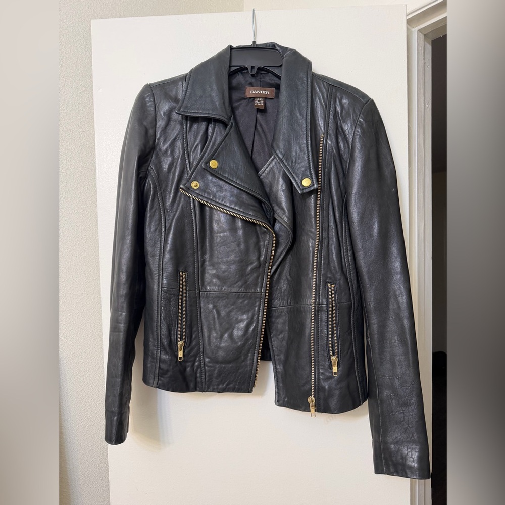 Danier Black Leather Moto Jacket with Gold Accents